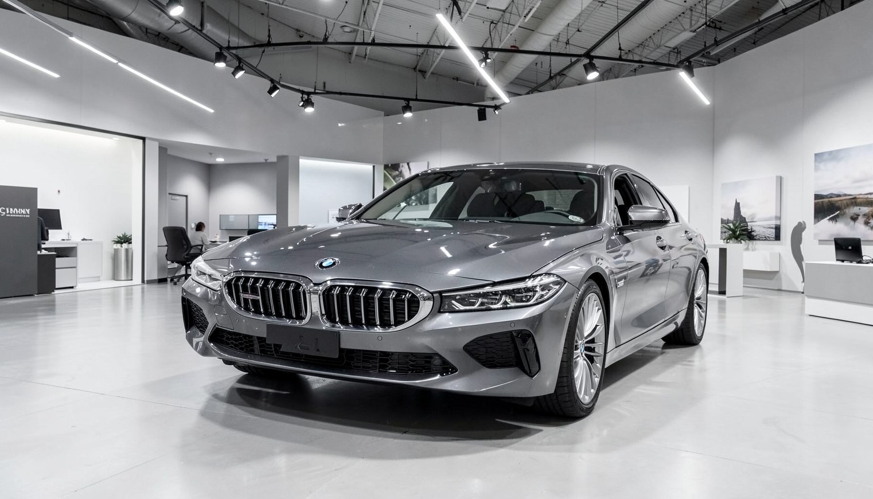 Современный офис или выставочный зал с автомобилем BMW на переднем плане, серые и белые тона, профессиональная атмосфера